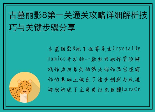 古墓丽影8第一关通关攻略详细解析技巧与关键步骤分享